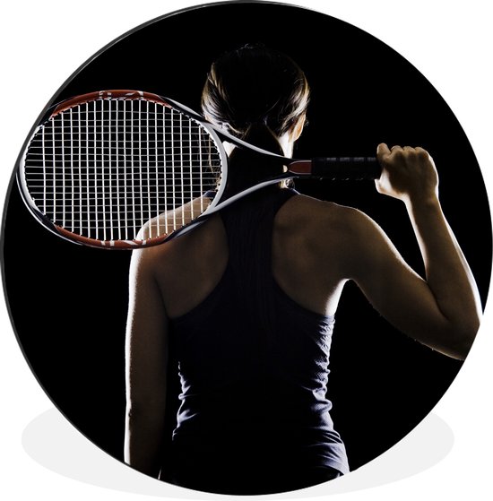 WallCircle - Wandcirkel - Muurcirkel - Tennisspeelster op een zwarte achtergrond - Aluminium - Dibond - ⌀ 30 cm - Binnen en Buiten