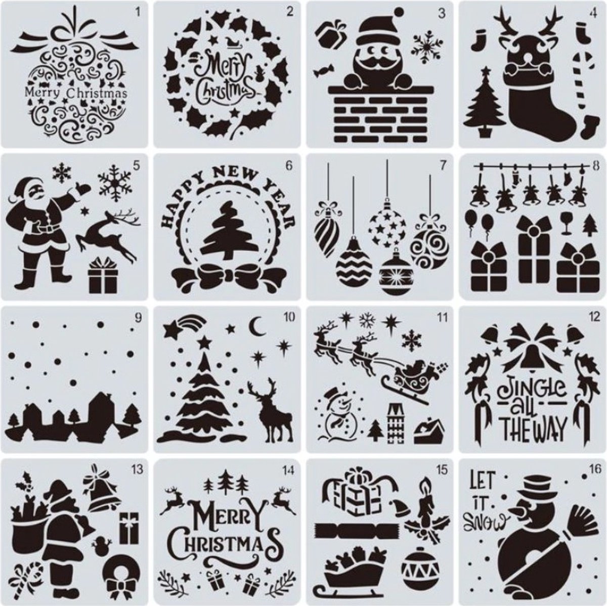 Bullet Journal Plastic Stencils - 16 stuks - Templates - Kerst - Christmas - Jingle Bells - Let it snow - Happy New Year - Santa is coming to town - Haard - Sneeuwpop - Kerstboom - Sneeuw - Mix - Sjablonen - 15 x 15 cm - Handlettering toolkit - Knut