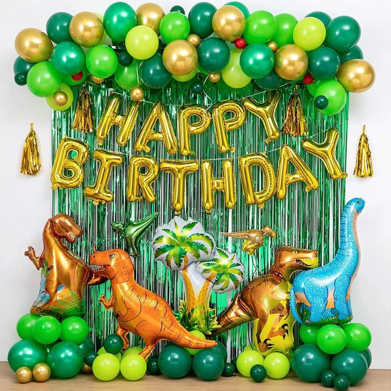 Partizzle Dinosaurus Verjaardag Versiering Set - Dino Feestje - Ballonnenboog Decoratie - Happy Birthday Ballonnen & Slinger - XL - Partizzle®