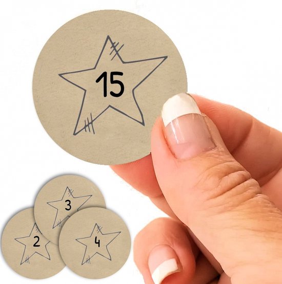 2 x vel met 24 stuks Kraft Advents stickers cijfers ster 1 t/m 24 Ø40mm | sluitzegel etiketten kerstmis adventskalender zelf maken