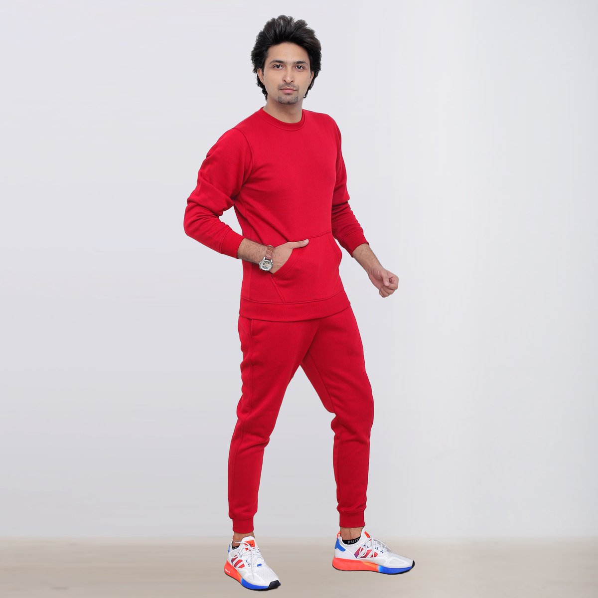 ICONICX Mens Plain Tracksuit Fleece Pullover Sweatshirt with Trousers Cotton Jogging Suit Exercise, Fitness, Boxing MMA, RED