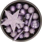 Set de 33 x boules de Noël en plastique avec pic étoilé chiné lilas violet mix - Incassable - Décorations de Noël/ décorations d'arbres