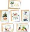 Een verzameling van acht kerstkaarten met diverse illustraties, waaronder kerstbomen, auto's, een kerstbal, mok en sneeuwpop.
