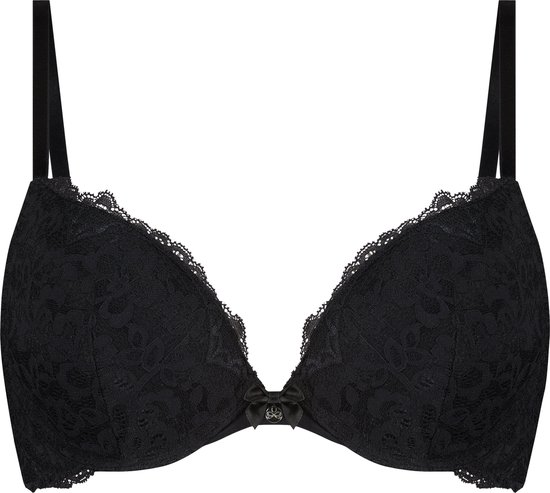 Soutien-gorge noir en dentelle, avant avec nœud, fermeture au dos.