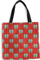 MuchoWow® Schoudertas - Strandtas - Big Shopper - Boodschappentas - Zomer - Slippers - Rood - 40x40 cm - Katoenen tas