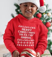 Kerst Hoodie Rood Kind - Merry Christmas Ya Filthy Animal Red (7-8 jaar - MAAT 122/128) - Kerstkleding voor jongens & meisjes