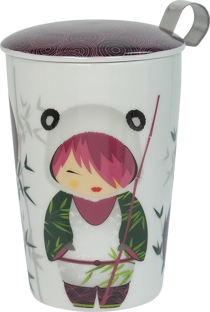 Tasse à Thé En Porcelaine Double Paroi Eigenart 350 Ml - Avec Couvercle Et Passoire Inox, Motif Geisha