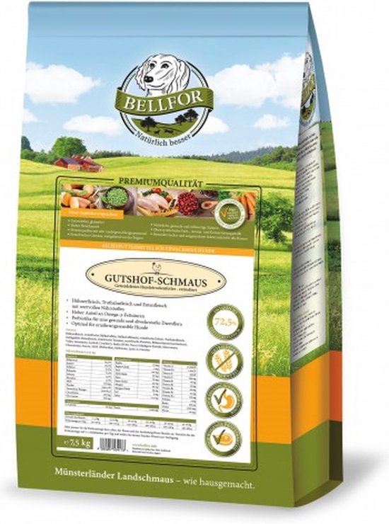 Bellfor - Boerderij Feest - Hondenbrokken - Droog Hondenvoer - Mix van Kip, Kalkoen en Eend - 70% Vlees en Graanvrij - 7,5 kg