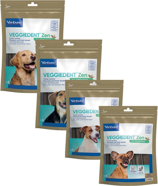 Vier verpakkingen Virbac Veggiedent Zen kauwstrips voor honden van 10-30 kg. Elke verpakking toont een andere hond.