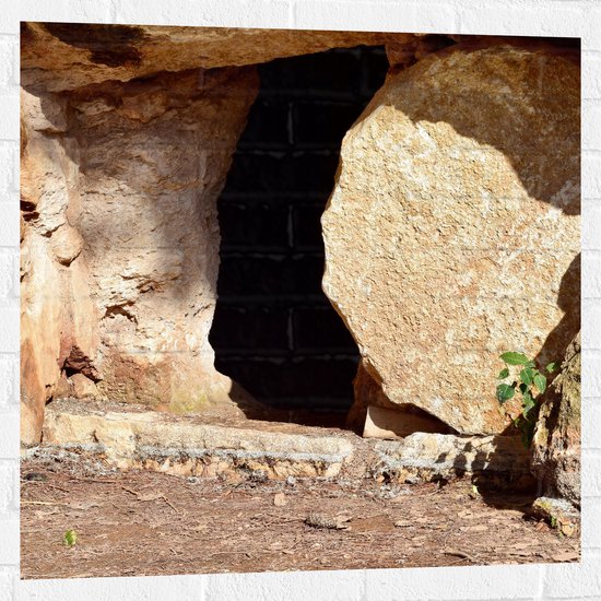 WallClassics - Muursticker - Porte ronde en pierre menant à une grotte - 80x80 cm Photo sur Muursticker