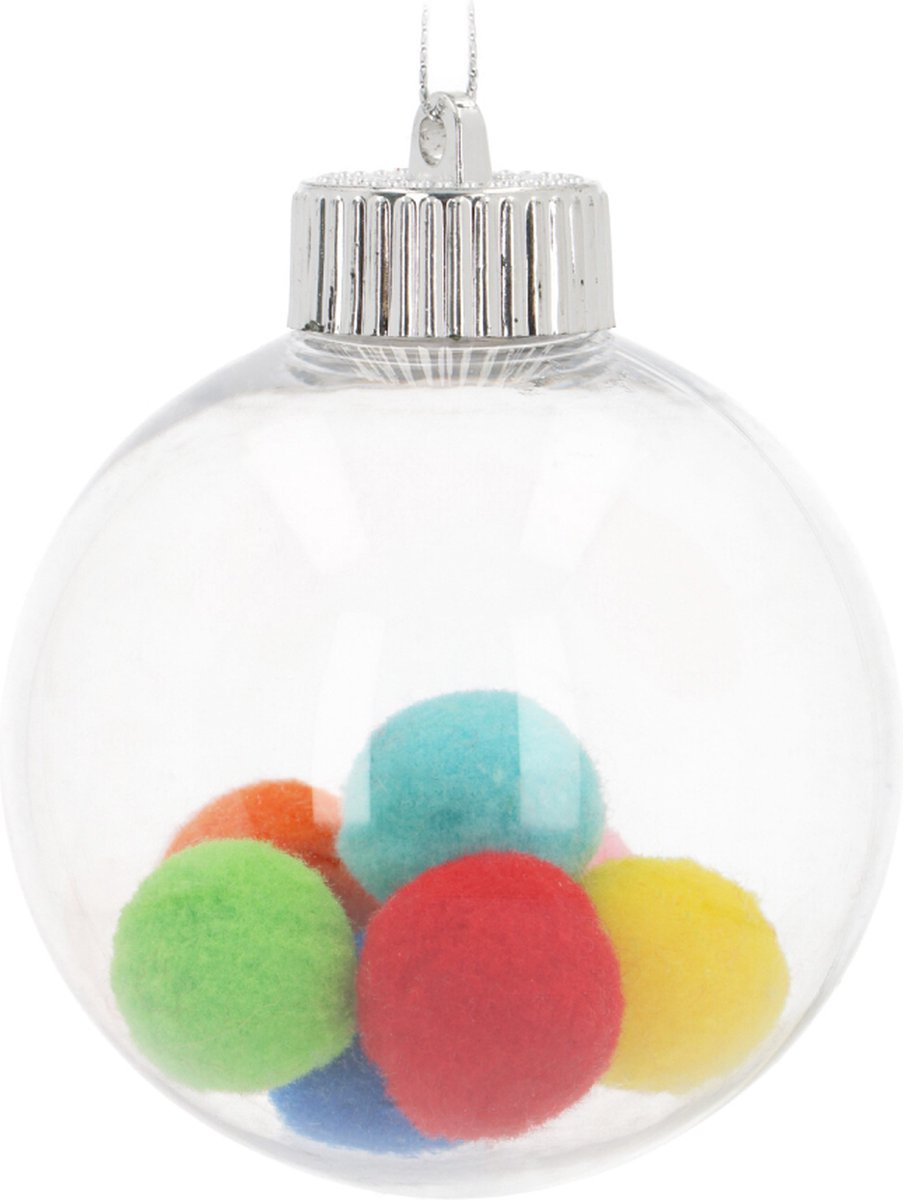 Oneiro's luxe Kerstbal transparant met pompoms 8cm - kerstbal - luxe verpakking – kerstcollectie – kerstdecoratie – kerstboomhanger – kerstversiering