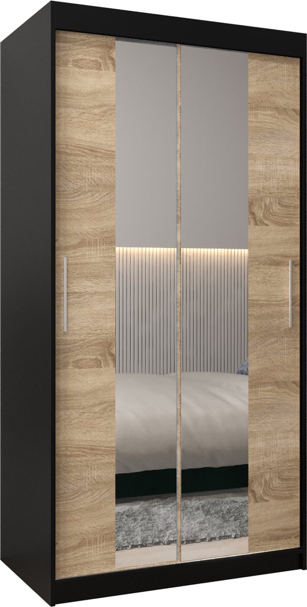 InspireME Kledingkast met 2 schuifdeuren, Modern-stijl, Kledingkast met planken (BxHxD): 100x200x62 - TORM I 100 Zwart Mat + Sonoma Eik met 2 lades