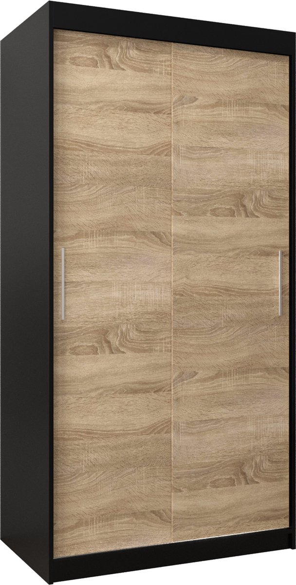 InspireME Kledingkast met 2 schuifdeuren, Modern-stijl, Kledingkast met planken (BxHxD): 100x200x62 - TORM 100 Zwart Mat + Sonoma Eik met 2 lades