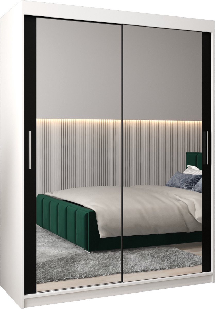 InspireME Kledingkast met 2 schuifdeuren, Modern-stijl, Kledingkast met planken (BxHxD): 150x200x62 - TORM III 150 Wit Mat + Zwart met 2 lades
