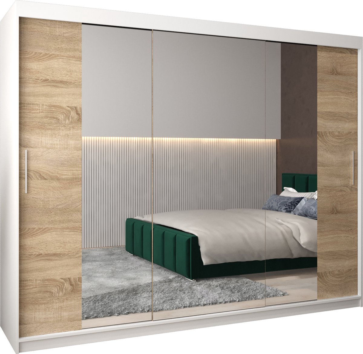 InspireME Kledingkast met 3 schuifdeuren, Modern-stijl, Kledingkast met planken (BxHxD): 250x200x62 - TORM II 250 Wit Mat + Sonoma Eik