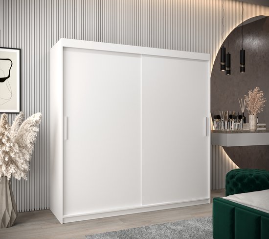 InspireMe - Armoire avec 2 portes coulissantes, Style moderne, Armoire avec étagères (LxHxP): 200x200x62 - TORM 200 Wit Mat avec 4 tiroirs