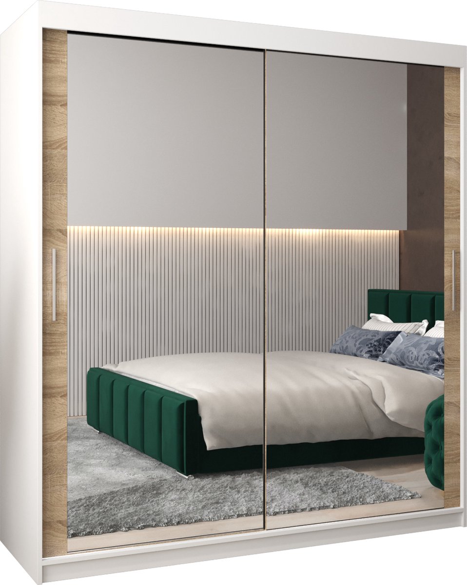 InspireME Kledingkast met 2 schuifdeuren, Modern-stijl, Kledingkast met planken (BxHxD): 180x200x62 - TORM III 180 Wit Mat + Sonoma Eik met 4 lades