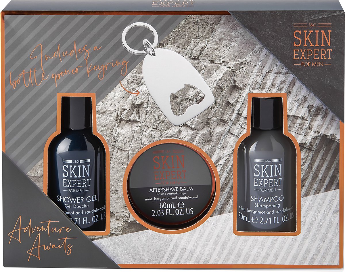 Style & Grace Skin Expert for Him Mini Grooming Giftset Eco Verpakking 80ml Douchegel + 80ml Shampoo + 60ml Aftershave Balsem + Flesopener Sleutelhanger