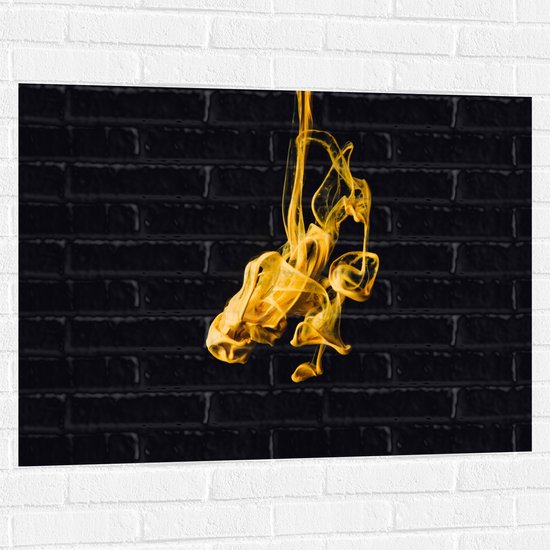 WallClassics - Muursticker - Gele Rookwolk tegen Zwarte Achtergrond - 100x75 cm Foto op Muursticker