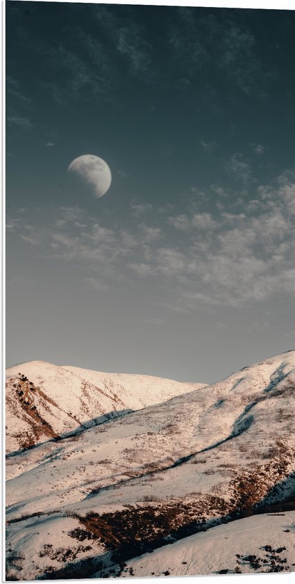WallClassics - PVC Schuimplaat - Maan boven Sneeuwbergen overdags - 50x100 cm Foto op PVC Schuimplaat (Met Ophangsysteem)