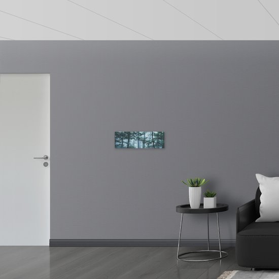 WallClassics - Dibond - Lichte Mist in een Groen Bos - 60x20 cm Foto op Aluminium (Met Ophangsysteem)