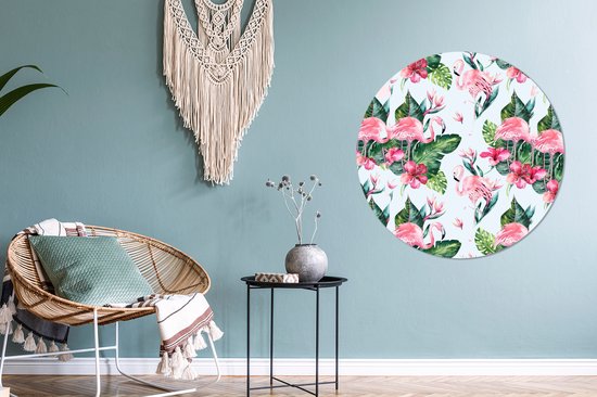 WallCircle - Stickers muraux - Cercle de papier peint - Flamingo - Fleurs - Feuilles - Motif - 100x100 cm - Cercle mural - Autocollant - Autocollant de papier peint rond XXL