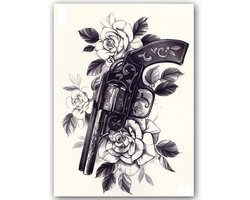 GlittersXL - Temporary Tattoo Pistool/Rozen (A5 formaat) (Neptattoo - Tijdelijke tatoeage - Nep Fake Tattoos - Water overdraagbare festival sticker henna outfit tattoo - Glitter tattoo - Volwassenen Kinderen Jongen Meisje)