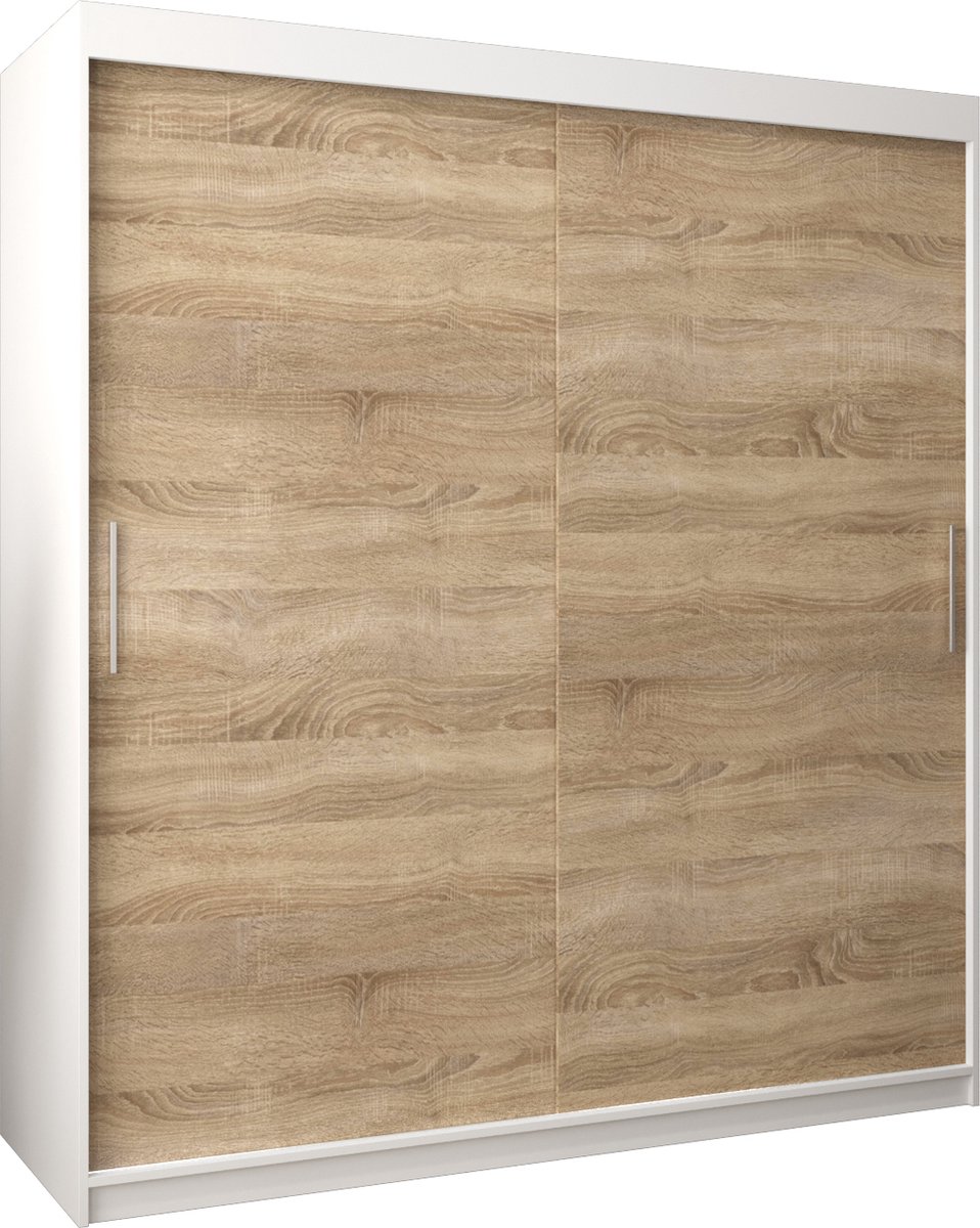 InspireMe - Kledingkast met 2 schuifdeuren, Modern-stijl, Kledingkast met planken (BxHxD): 180x200x62 - TORM 180 Wit Mat + Sonoma Eik met 4 lades