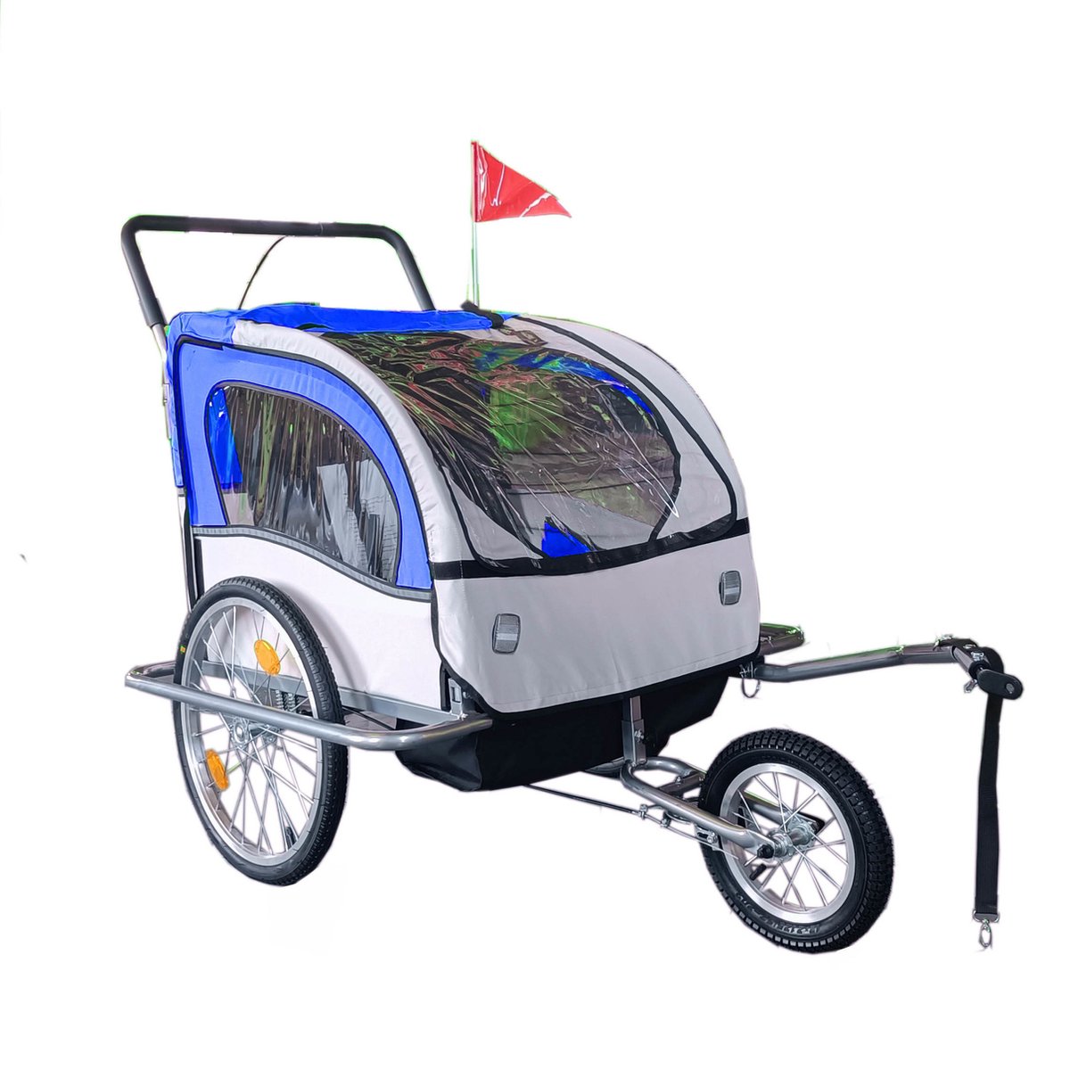 Fietskar kind fietsaanhanger met schokbreker blauw