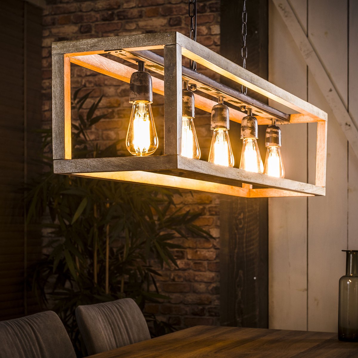 AnLi Style Hanglamp 5L rechthoek houten frame