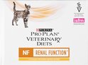 Purina Pro Plan Veterinary Diets NF Renal Function, met kip. Grijze cyperse kat staand. ISFM en dierenartsenlogo.