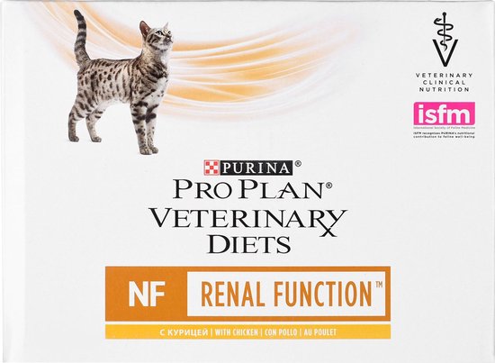 Purina Pro Plan Veterinary Diets NF Renal Function, met kip. Grijze cyperse kat staand. ISFM en dierenartsenlogo.
