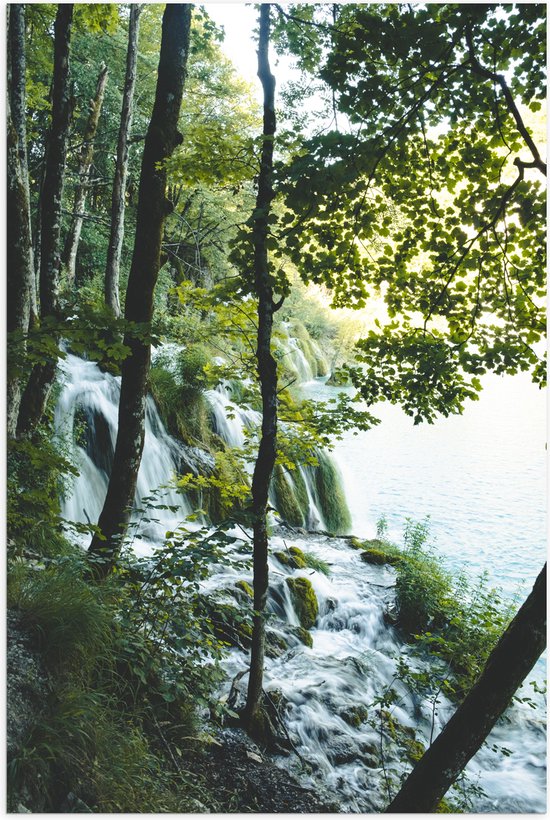 WallClassics - Poster Glanzend – Waterval tussen de Bomen door - 100x150 cm Foto op Posterpapier met Glanzende Afwerking