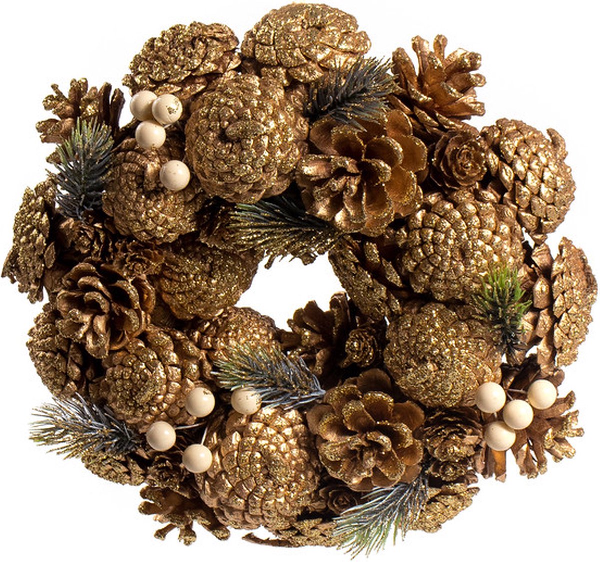 Gouden kerstkrans - ø 25 cm van Naturn Christmas | Kerstdecoratie | Kerstkransen dennenappels | krans landelijk rond | Kerstcadeau | kerstdecoratie deurkrans | Krans voor de kerst | kerstversiering kransen | Goud