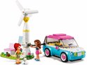 LEGO Friends-set: windmolen, zonnepanelen, stoel met hondje, turquoise auto met roze dak en twee poppetjes.