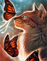 Diamond painting 40x50cm - kat met vlinder op neus - ronde steentjes