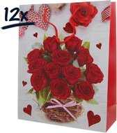 12x Stevige draagtassen LOVE Valentijn Moederdag Bloemen Rozen (23x26x12)cm zak cadeautasje gift bag verpakking