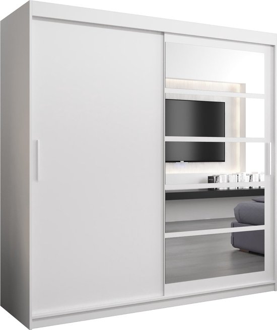 InspireMe - Kledingkast met 2 schuifdeuren, Modern-stijl, Een kledingkast met planken en een spiegel (BxHxD): 200x200x62 - VENEZIA I 200 Wit Mat