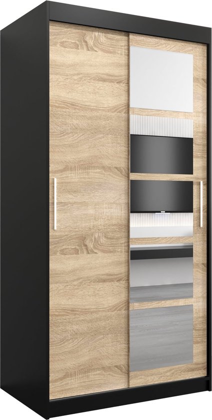 InspireMe - Kledingkast met 2 schuifdeuren, Modern-stijl, Een kledingkast met planken en een spiegel (BxHxD): 100x200x62 - VENEZIA I 100 Zwart Mat + Sonoma Eik