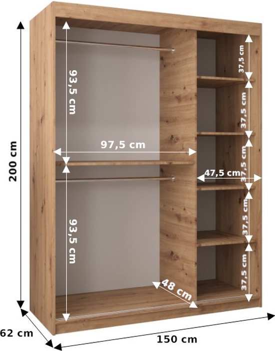 InspireMe - Armoire à 2 portes coulissantes, Style moderne, Une armoire avec des étagères et un miroir (LxHxP): 150x200x62 - VENEZIA I 150 Wit Mat