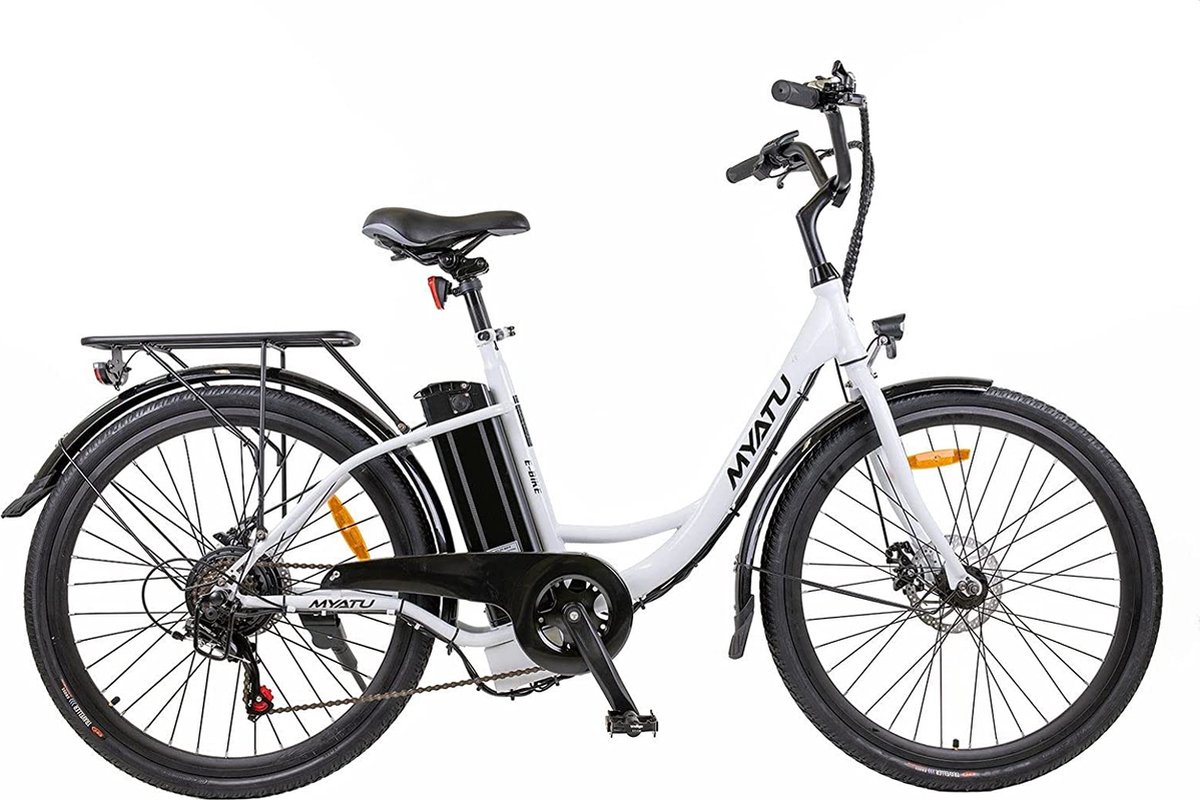Myatu e-bike 26 inch city pedelec voor en elektrische fiets met 12 5Ah accu 6 versnellingen Shi o derailleur versnellingen achter motor 250 W-Wit