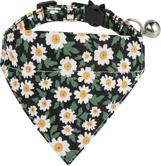 Kattensjaaltje - Bloemetjes patroon - Zwart/Wit- Verstelbaar Katten halsbandje - Kleding voor katten - Strikje - Kattenbandje - Kitten