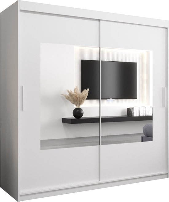 InspireMe - Kledingkast met 2 schuifdeuren, Modern-stijl, Een kledingkast met planken en een spiegel (BxHxD): 200x200x62 - TRINA 200 Wit Mat