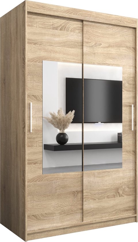 InspireMe - Kledingkast met 2 schuifdeuren, Modern-stijl, Een kledingkast met planken en een spiegel (BxHxD): 120x200x62 - TRINA 120 Sonoma Eik met 2 lades