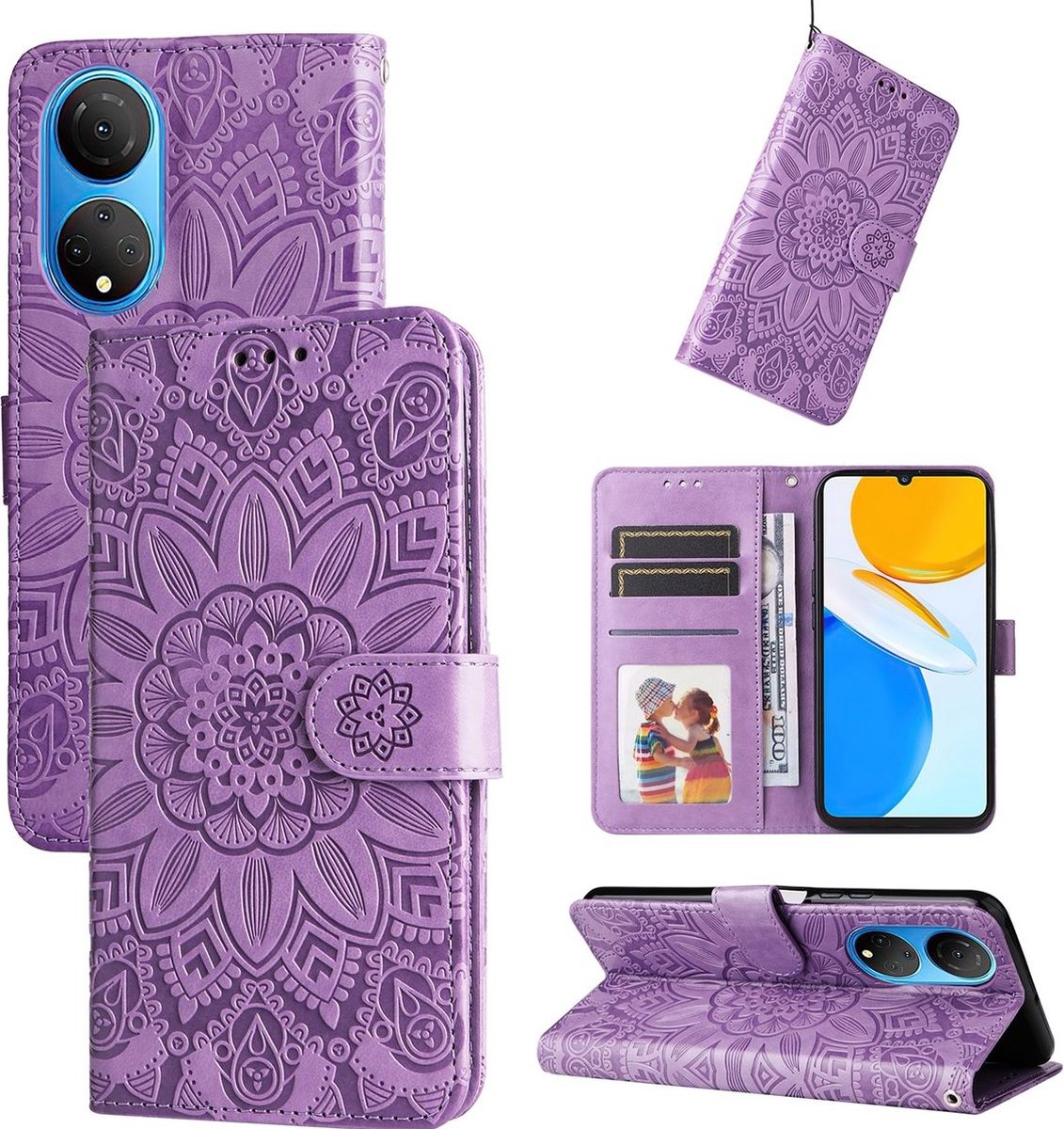 Mobigear Telefoonhoesje geschikt voor HONOR X7 Hoesje | Mobigear Sunflower Bookcase Portemonnee | Pasjeshouder voor 3 Pasjes | Telefoonhoesje voor Pinpas / OV Kaart / Rijbewijs - Paars