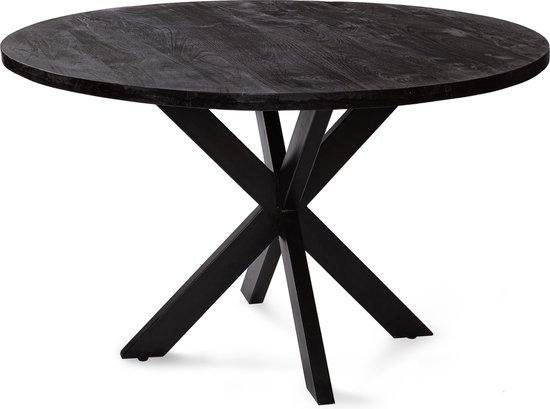 Zita Home - Version épaisse de Luxe - Table à manger ronde - Noir complet - Pied araignée 160cm avec pied croisé à bord droit
