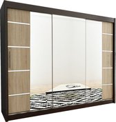 InspireMe - Kledingkast met 3 schuifdeuren, Modern-stijl, Kledingkast met planken (BxHxD): 250x200x62 - VENTILA IV 250 Zwart Mat + Sonoma Eik
