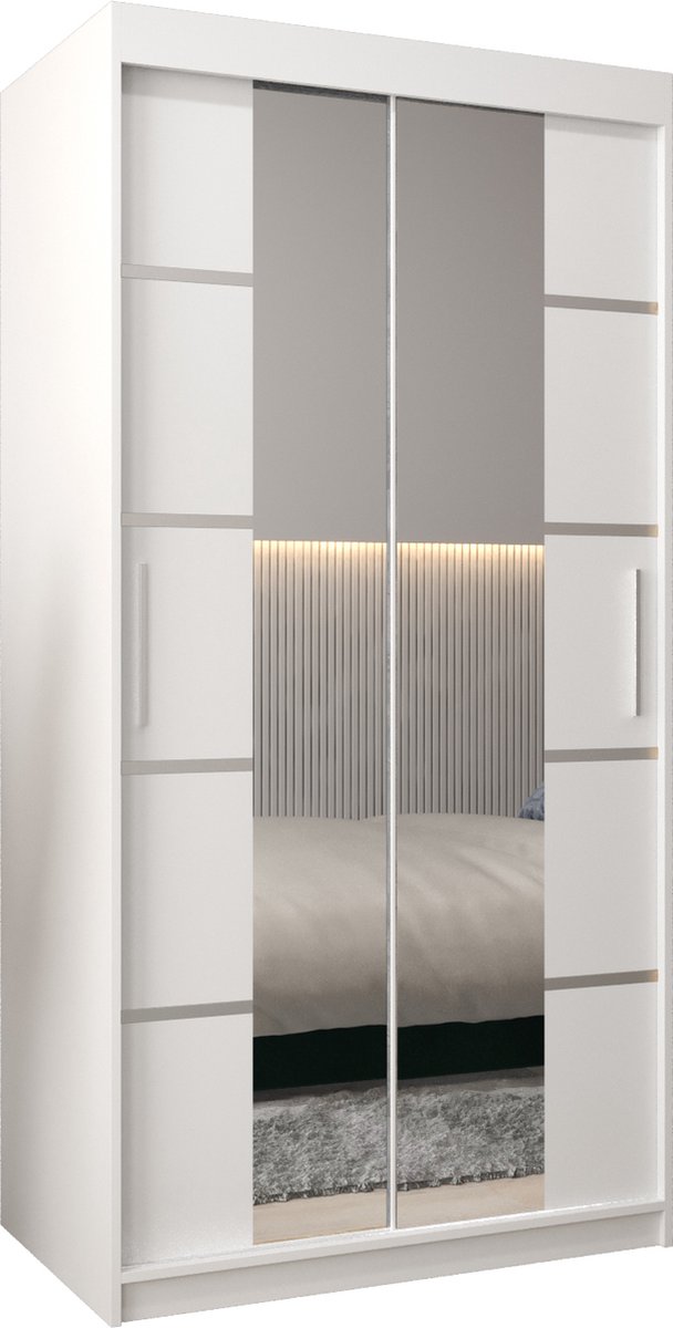 InspireME Kledingkast met 2 schuifdeuren, Modern-stijl, Kledingkast met planken (BxHxD): 100x200x62 - VENTILA IV 100 Wit Mat