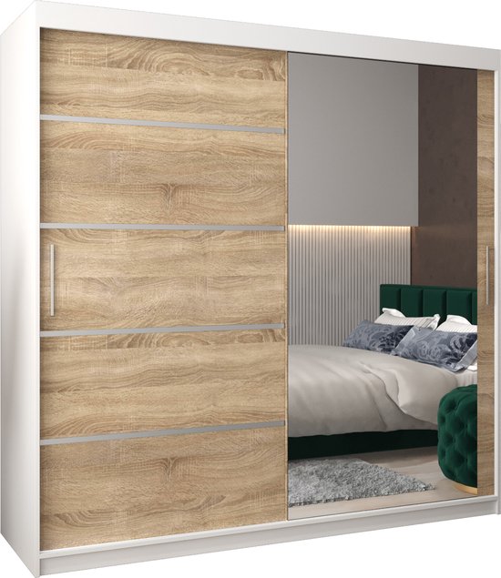 InspireMe - Kledingkast met 2 schuifdeuren, Modern-stijl, Kledingkast met planken (BxHxD): 200x200x62 - VENTILA II 200 Wit Mat + Sonoma Eik