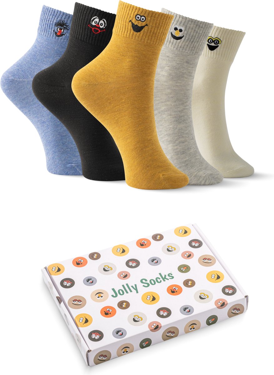 Jolly Socks - 5 Paar Hoge sokken dames - Grappige sokken - Sokken Dames - Vrolijke sokken - Leuke sokken - Smiley sokken - Maat 35-42 Blauw, zwart, wit, beige, geel